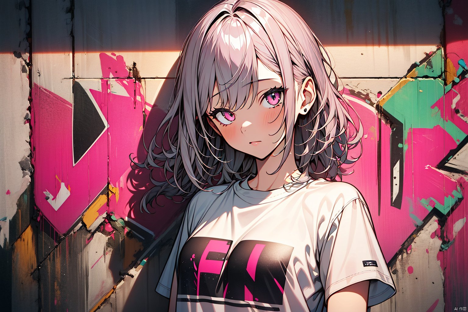 1girl,graffiti,in the style of dark silver and light pink,street scene,utilitarian,8k,shiny/glossy,toonami,uniformly staged images,graffiti,t-shirt,bare arms,,
