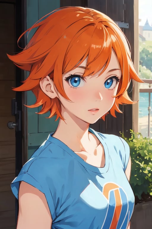 (masterpiece,  best quality),  1girl,  misty pokemon,  short hair,  orange hair,  blue eyes, disney pixar style,