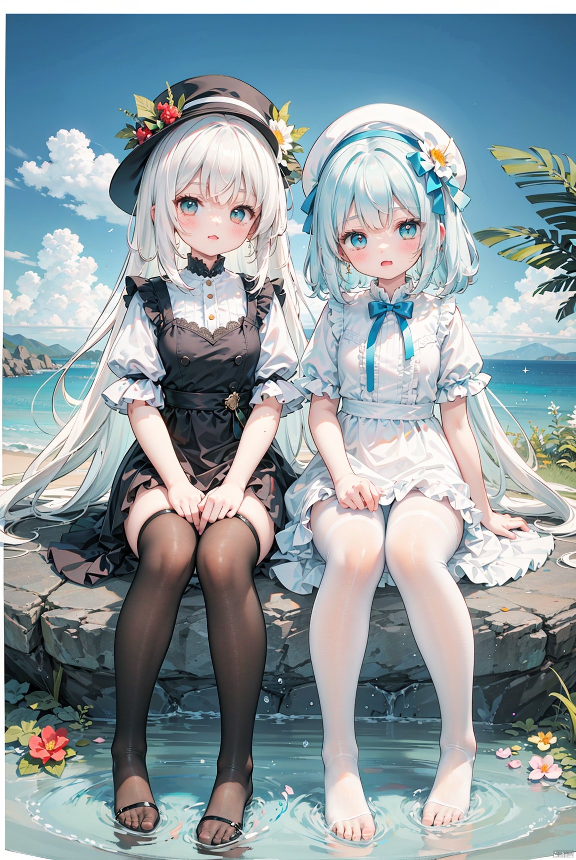 (Two little girls), (One cute white haired little girl), (Another cute white haired little girl), wavy hair, long hair, (flower headwear), heart-shaped earrings, (sparkling jewel like eyes), innocent, short sleeved, (young), (fair skin), (slender figure), (white stockings), (hat), (bow), (sitting together), Cute, cute, cute, cute, cute, cute, cute, cute, cute, cute, cute, cute, cute, cute, cute, cute, cute, cute, cute, cute, cute, cute, cute, cute, cute, cute, cute, cute, cute, cute, cute, cute, cute, cute, cute, cute, cute, cute, cute, cute, cute, cute, cute, cute, cute, cute, cute, cute, cute, cute, cute, cute, cute, cute, cute, cute, cute, cute, cute, cute, cute, cute, cute, cute, cute, cute, cute, cute, cute, cute, cute, cute, cute, cute, cute, cute, cute, cute, cute, (Two people), (Two people), (Short skirt), (Two people), (Two people), (Two people), ((Seaside)), ((Two people))