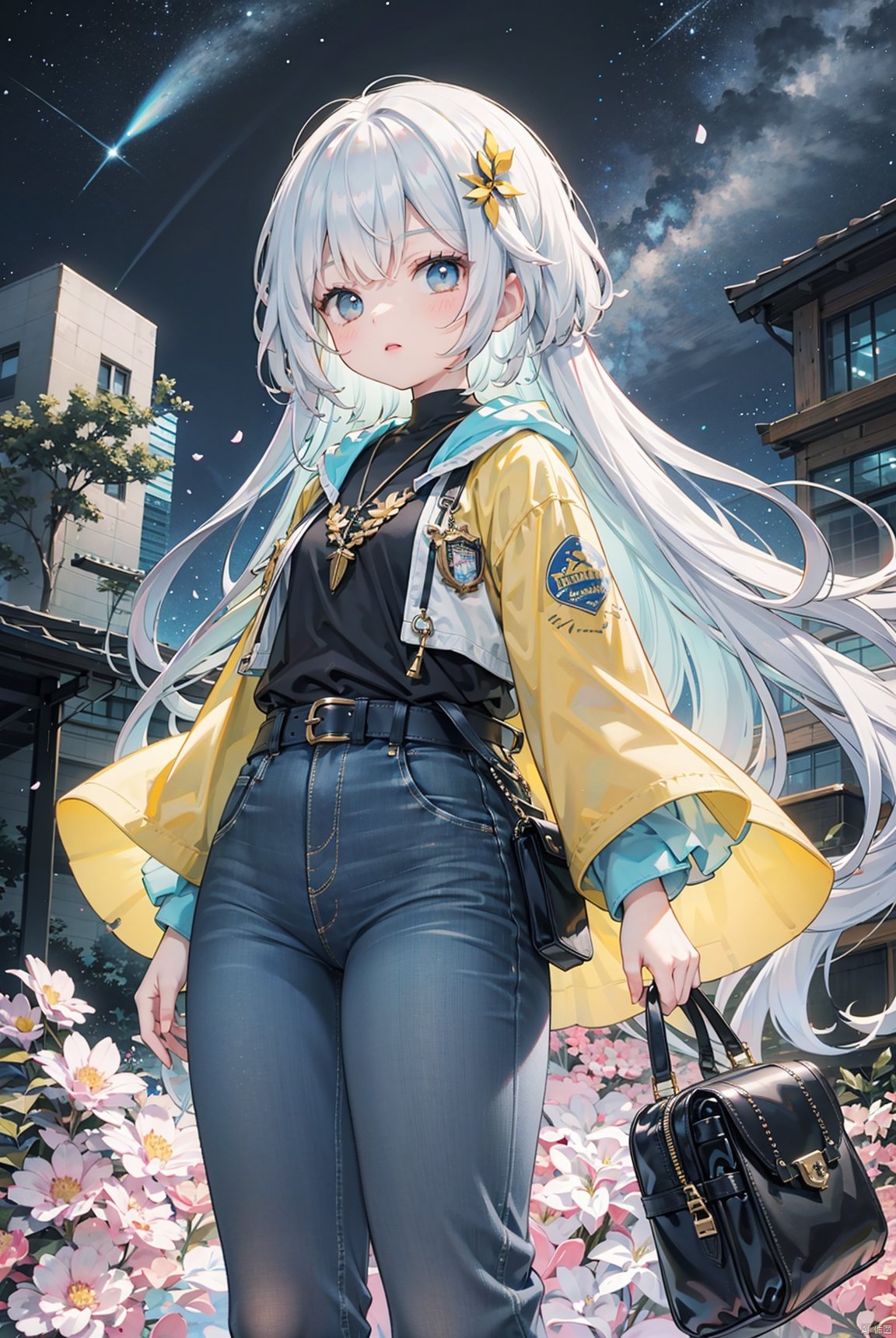 Exquisite and clear background, little girl, elementary school student figure, single person, waist length black long hair slightly curled, bangs naturally parted on both sides, dark gray gradient glass colored eyes, hair blown by the wind, casual wear, black and blue undershirt, gray denim jacket, white casual pants, holding travel bag, expression of longing, night, dreamy starry sky, Milky Way, distant sea lights, fireflies, petals, dazzling stars