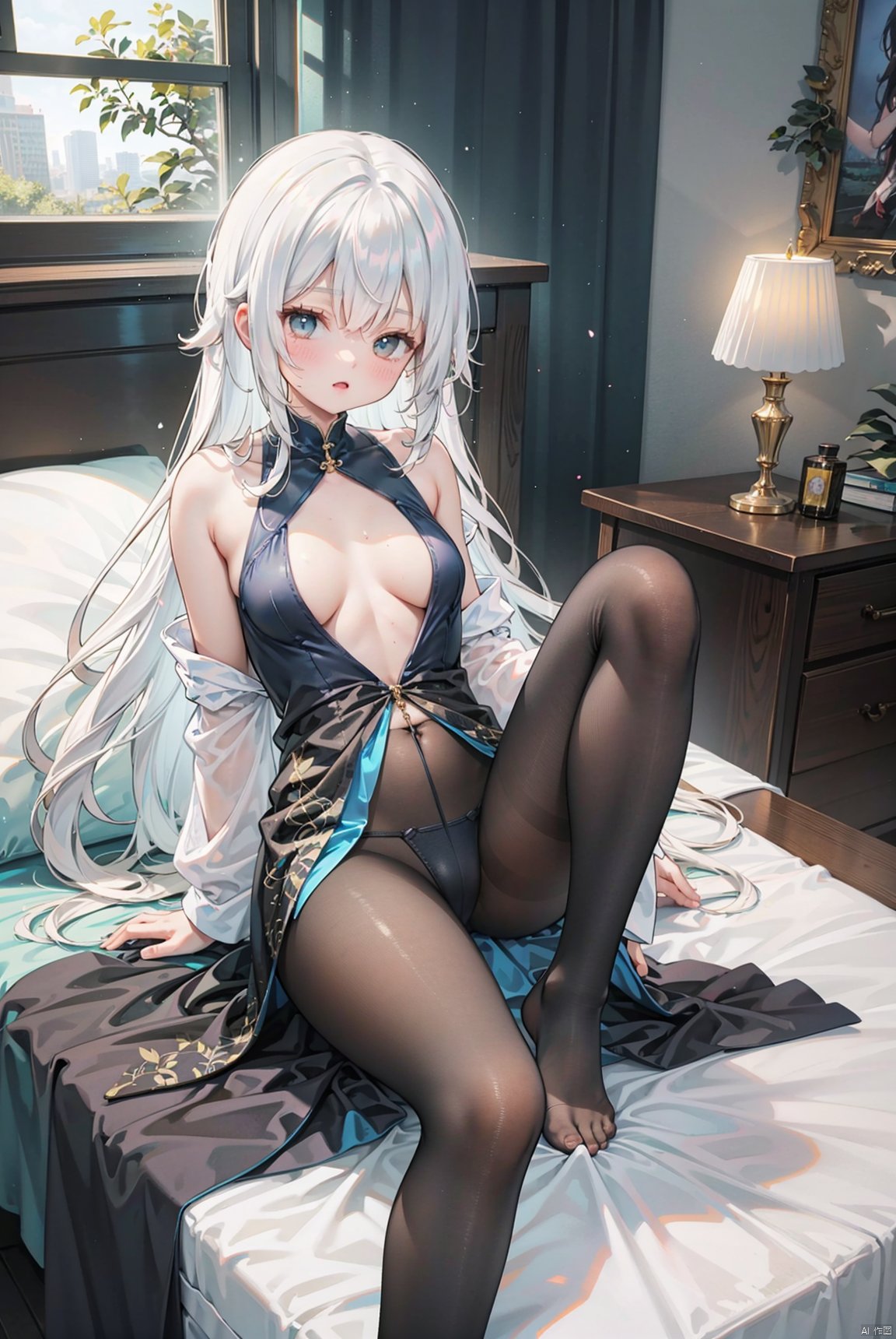  A semi transparent sheer jumpsuit, fluffy and dense long hair, slender legs, mature woman, tall figure, torn pantyhose, Yao Yao lying unconscious on the bed