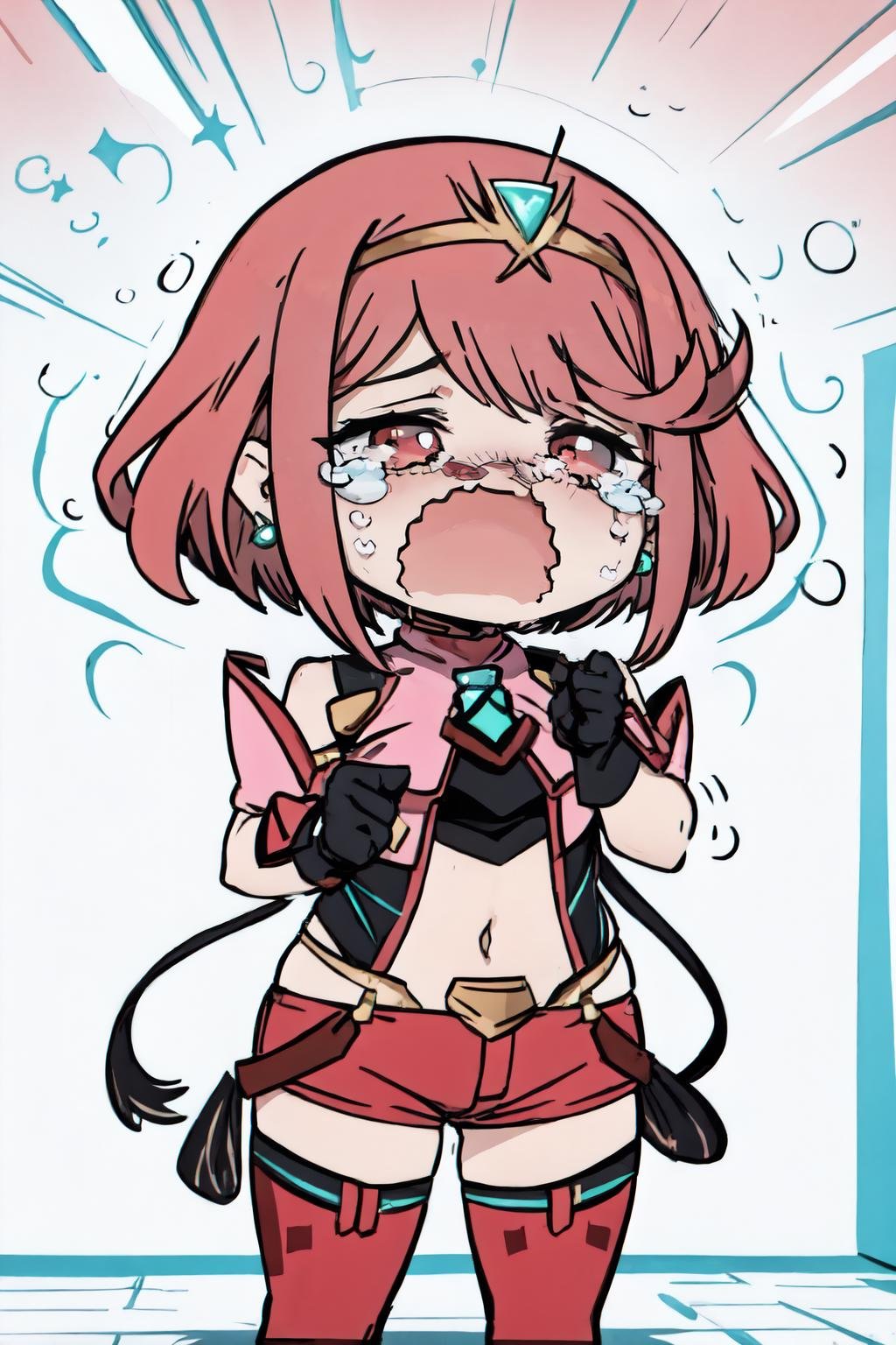 1girl, incrssescry, <lora:SesieldCry:1>, chibi, crying, pyradef, tiara, earrings, chest jewel, impossible clothes, fingerless gloves, red shorts, thighhighs, <lora:Char_Xenoblade_Pyra:1>, red hair, 