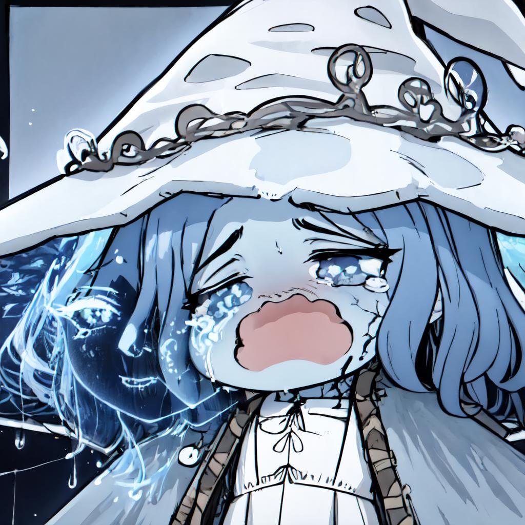 1girl, incrssescry, <lora:SesieldCry:1>, chibi, crying, IncrsRanni, wavy hair, colored skin, blue skin, cracked skin, extra arms, extra faces, white dress, hat, cloak, <lora:Char_EldenRing_Ranni:0.9>, ExtraFacesRanni, <lora:Looks_ExtraFaces:1>