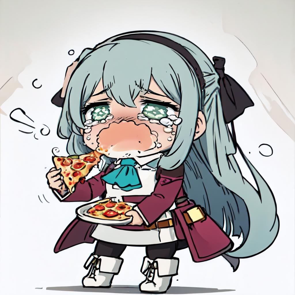 1girl, incrssescry, <lora:SesieldCry:1>, chibi, crying, elie macdowell, green eyes, hairband, blue ascot, hair ribbon, long sleeves, belt, pantyhose, white boots, <lora:Char_OC_ElieMacDowell:0.9>, pizza, eating, eating pizza, pizza in mouth,