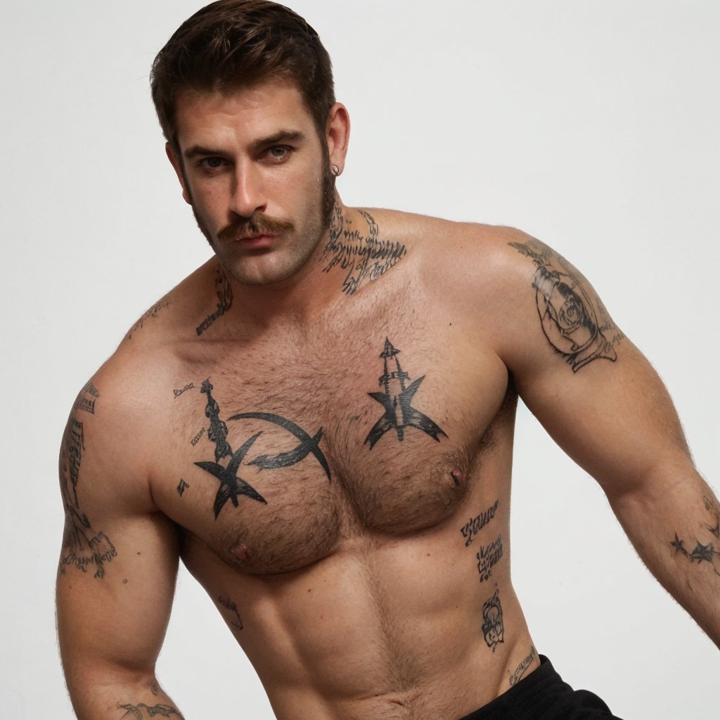 thin 1guy, dadcore, mutton chops, mustache, thick eyebrows, tattoos, topless, hot, scruffy, daddy, hairy, mature, looking at viewer, HQ, realistic, photorealistic, fill lighting, portrait, white background, photography, portrait