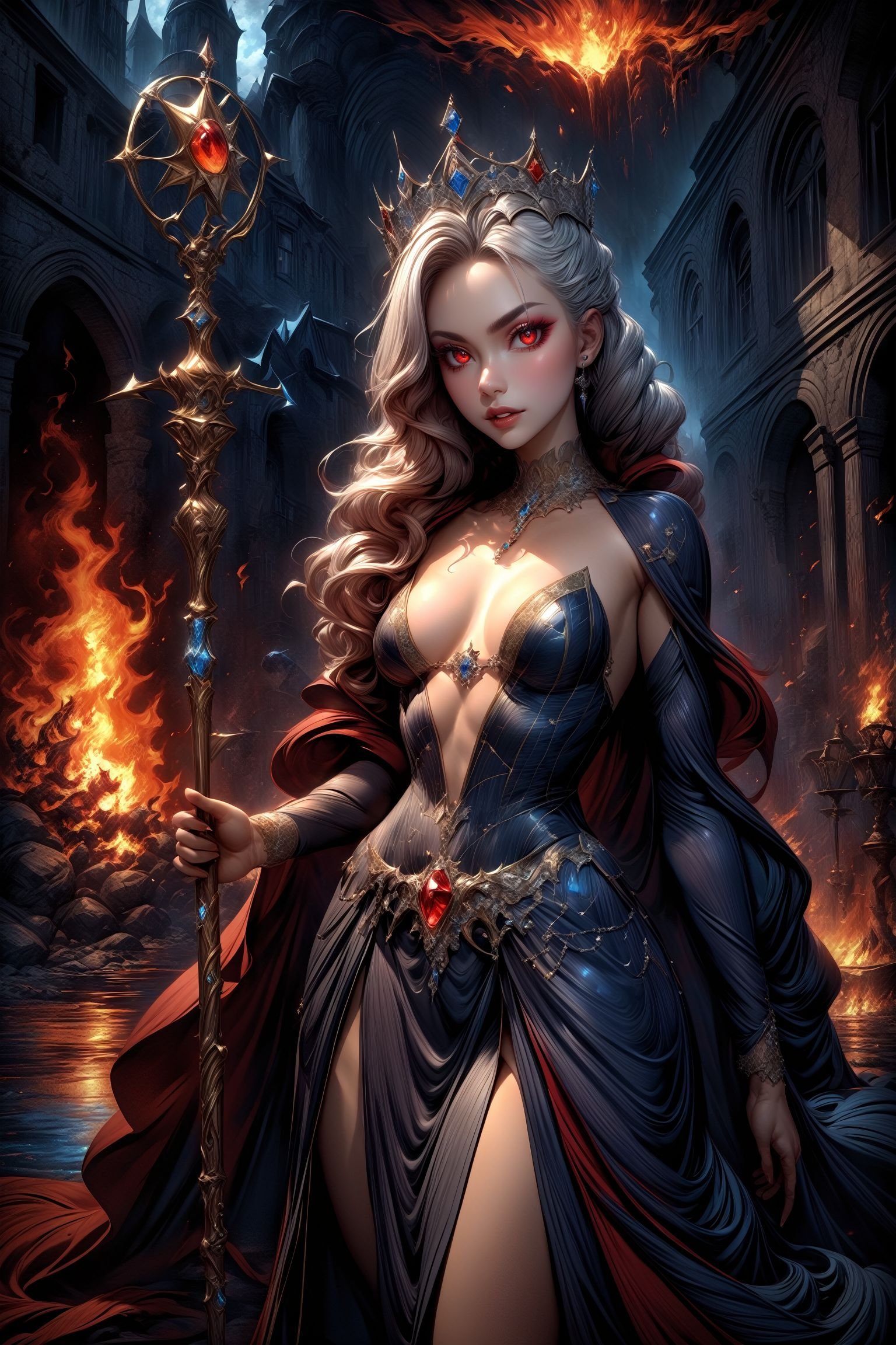 toned,  An elegant vampire in a jeweled crown and flowing gown,  holding star-patterned staff by FallenIncursio on Tensor.Art