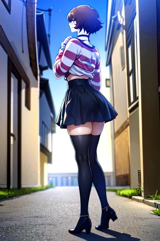 full body, a woman standing in an alley, from behind, city in background, crowd of men, beautiful eyes, beautiful girl, high detail skin, high detail eyes, high detail hair, highres, ultra detailed, sharpen picture, Highly detailed, masterpiece, best quality, photorealistic,  <lora:MiroDanbiLoRA:1> 1girl, short hair, choker, thighhighs, skirt, striped shirt lift, smile