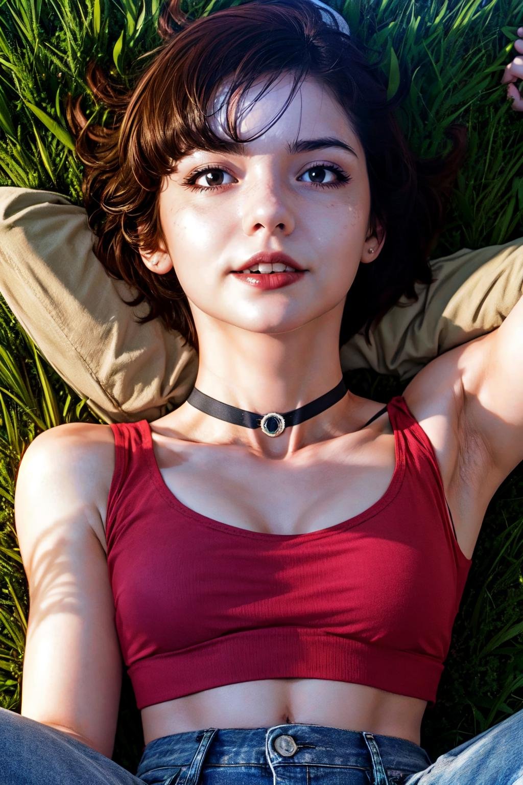 ((upper body, a woman laying in the grass on back, top view, wearing red tank top and short jeans)), beautiful eyes, beautiful girl, high detail skin, high detail eyes, high detail hair, highres, ultra detailed, sharpen picture, Highly detailed, masterpiece, best quality, photorealistic,  <lora:MiroDanbiLoRA:1> 1girl, short hair, choker, smile, from below, bend over