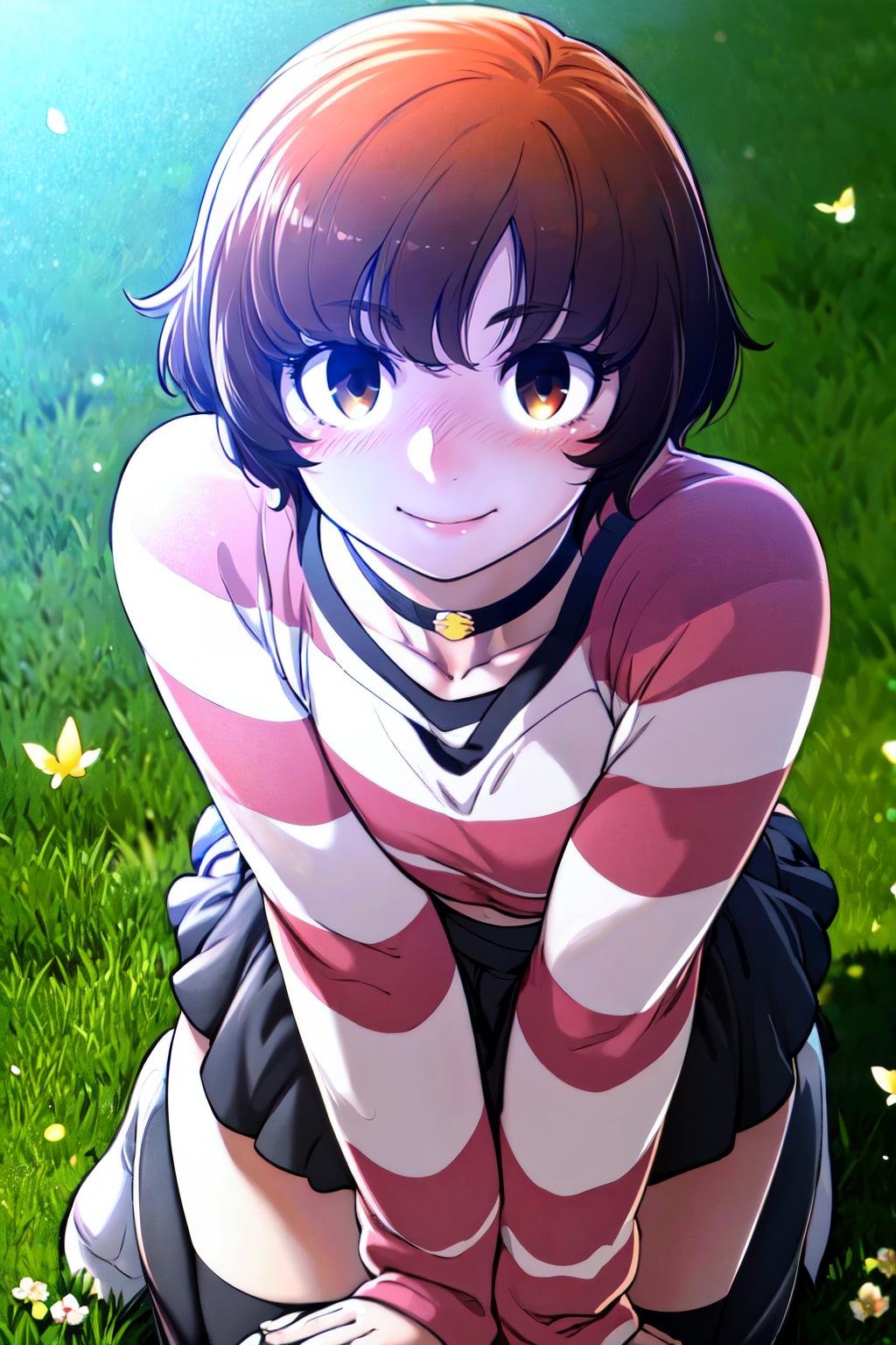 full body, a woman kneeling in the grass in a park, cute pose, butterflies, weasel, flowers, sunny, blue sky white clouds , beautiful eyes, beautiful girl, high detail skin, high detail eyes, high detail hair, highres, ultra detailed, sharpen picture, Highly detailed, masterpiece, best quality, photorealistic,  <lora:MiroDanbiLoRA:1> 1girl, short hair, choker, thighhighs, skirt, striped shirt, smile