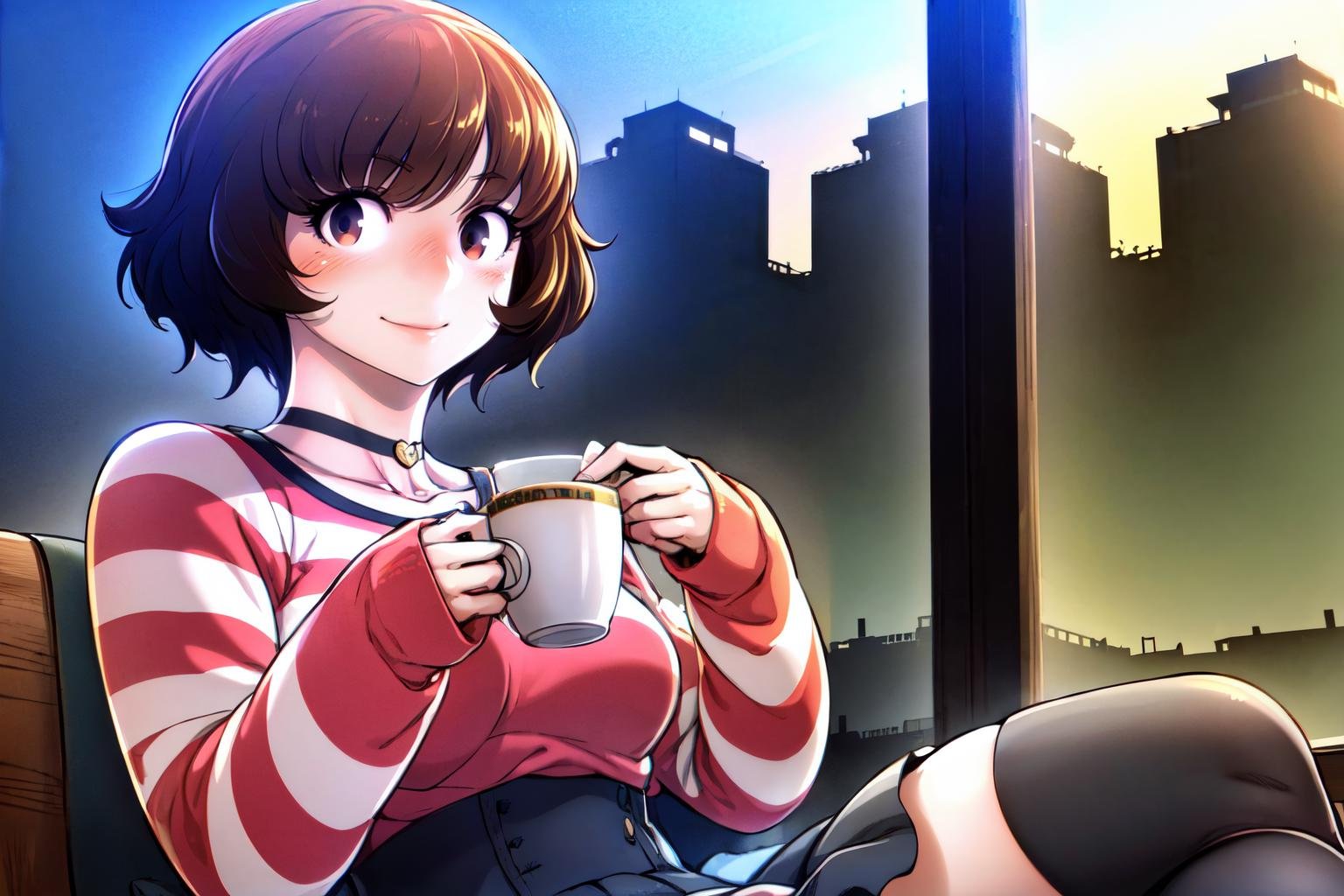 full body, a woman sitting in a cafe holding a cup of tea, city in background in window, beautiful eyes, beautiful girl, high detail skin, high detail eyes, high detail hair, highres, ultra detailed, sharpen picture, Highly detailed, masterpiece, best quality, photorealistic,  <lora:MiroDanbiLoRA:1> 1girl, short hair, choker, thighhighs, skirt, striped shirt, smile