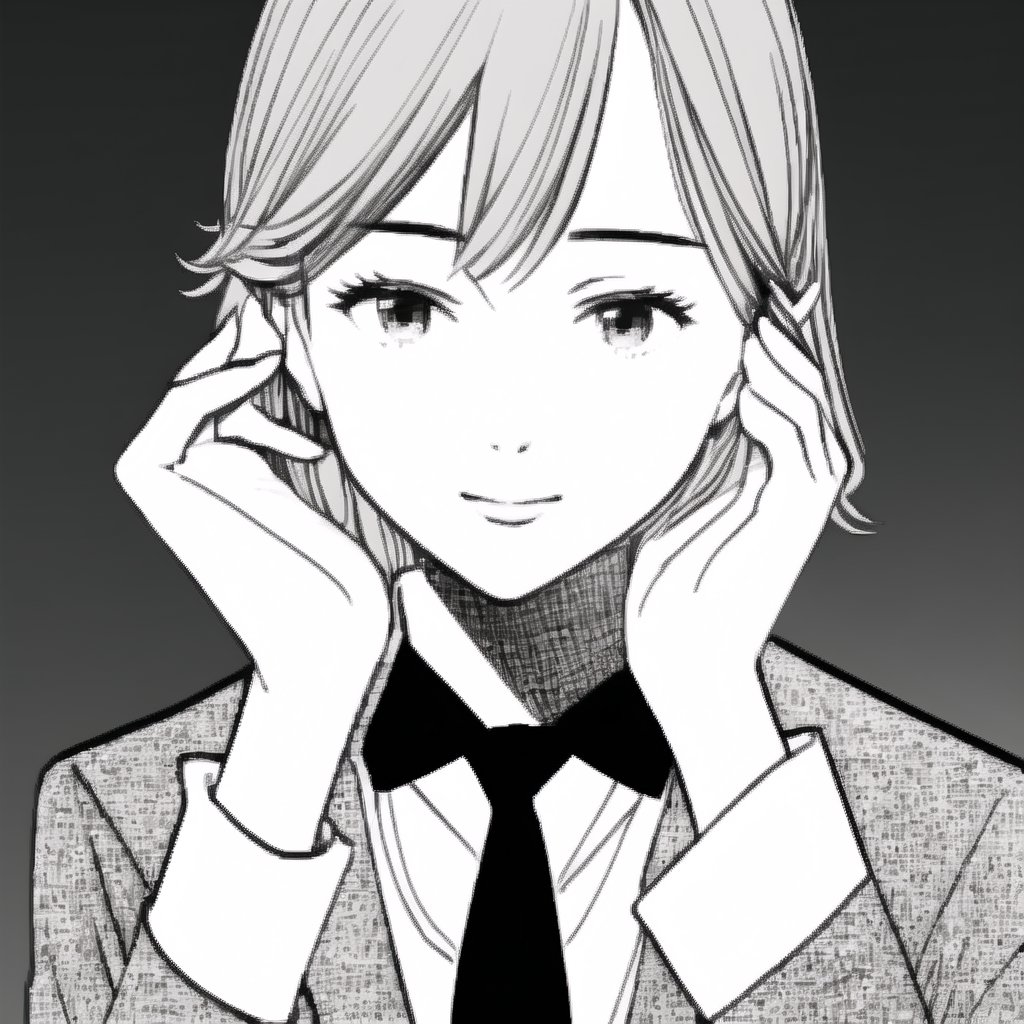 urasawastyle, ((Monocromatic)), grayscale, Nakiri erina, blond hair, best quality, high resolution, (illustration:0.8), (perfect hands, perfect anatomy), only one person, tied hair, black tie