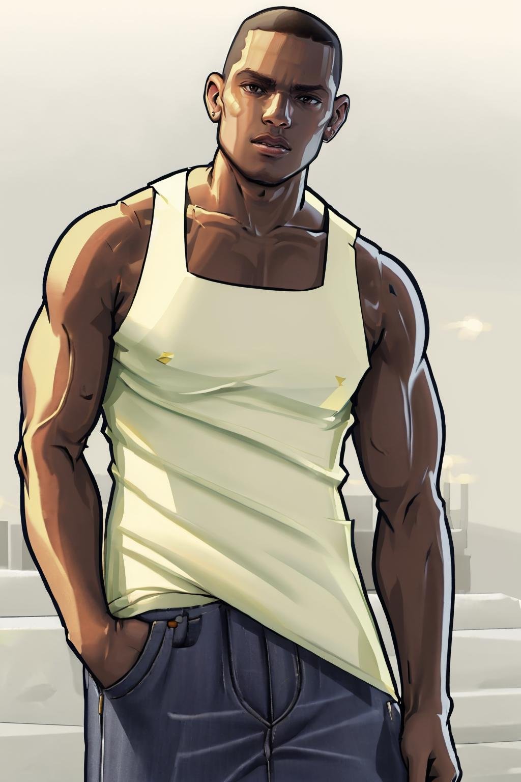 <lora:gtasanandreas-style-richy-v1:1> simple background, male focus, white tank top, jeans, dark-skinned male, buzz cut, 