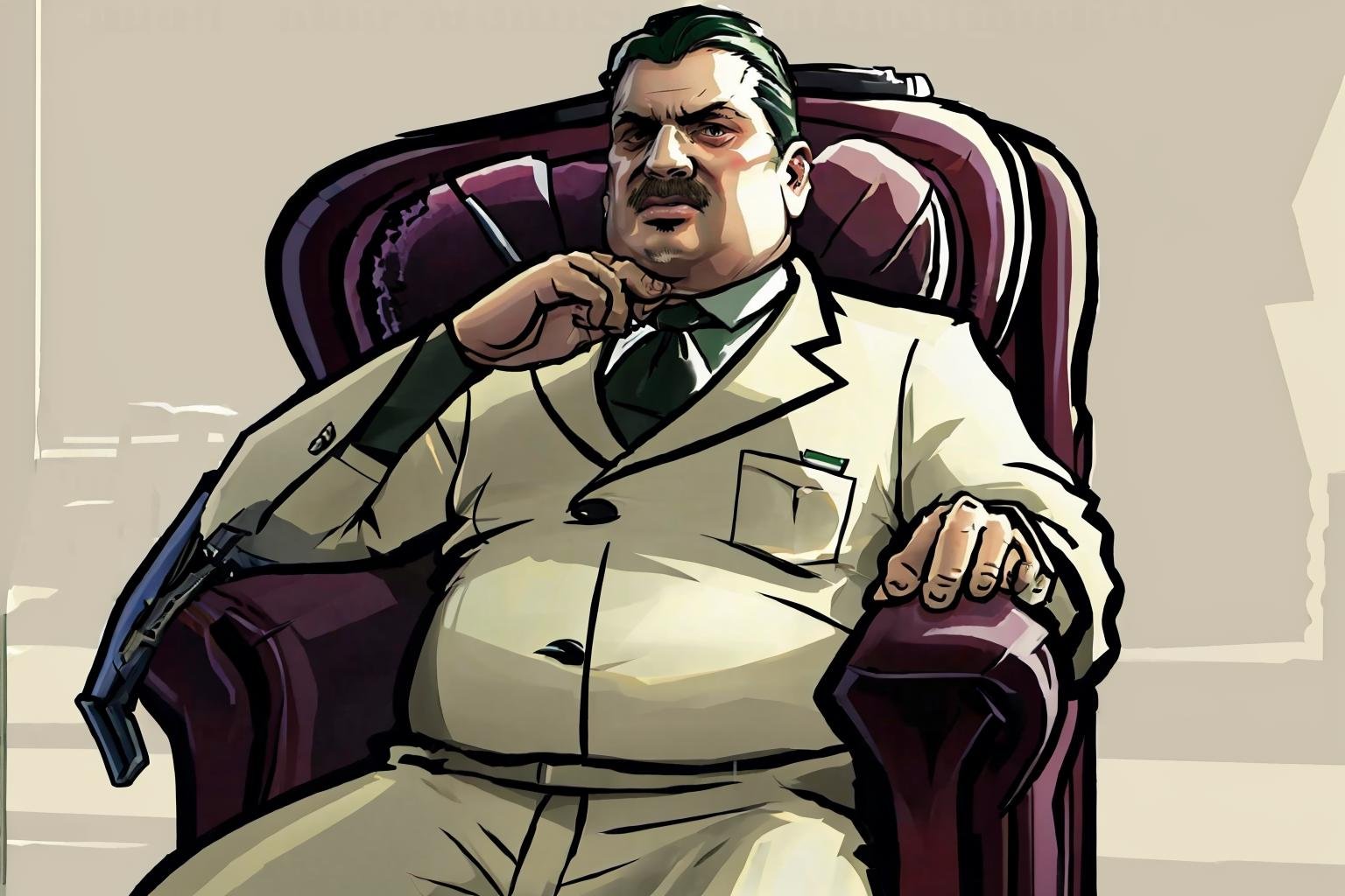 <lora:gtasanandreas-style-richy-v1:1> simple background, male focus, italian, fat, sitting, chair, mobster, gangster, suit