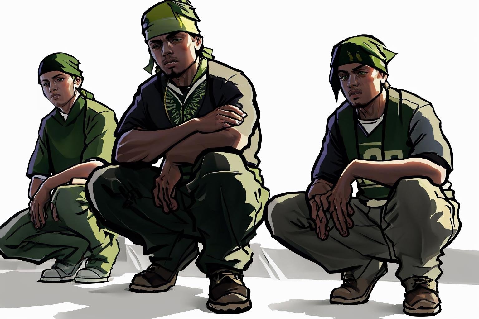 <lora:gtasanandreas-style-richy-v1:0.9> simple background, multiple boys, squatting, standing, green theme, bandana, 