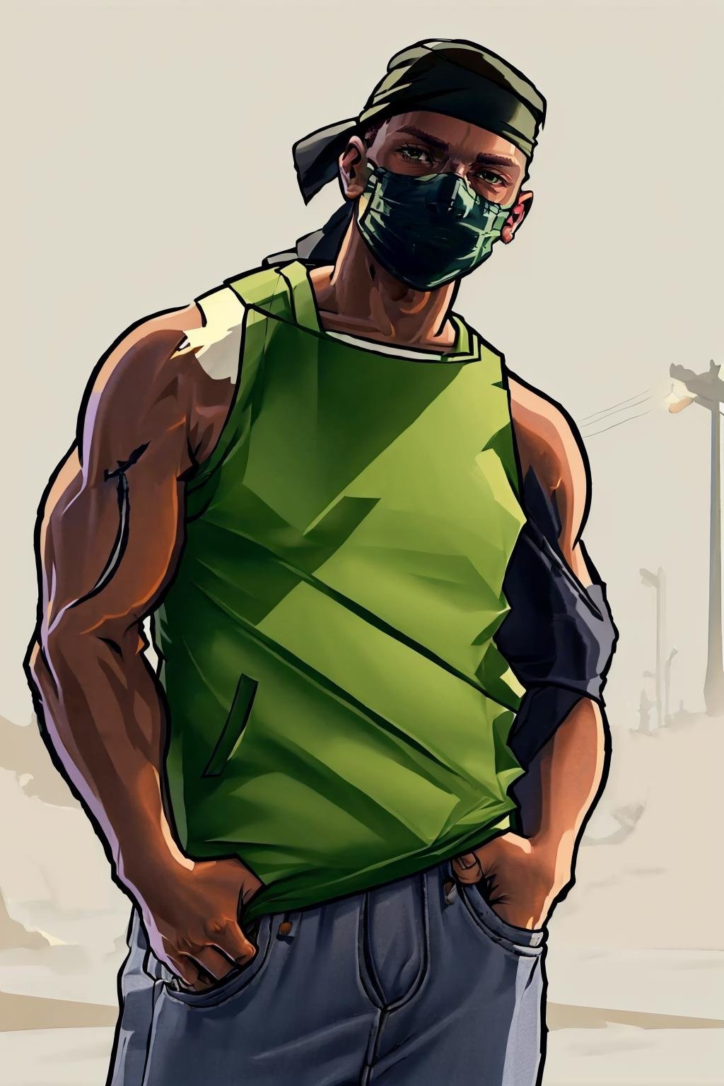 <lora:gtasanandreas-style-richy-v1:1> simple background, male focus, open clothes, bandana, white tank top, jeans, dark-skinned male, buzz cut, gun, green jacket