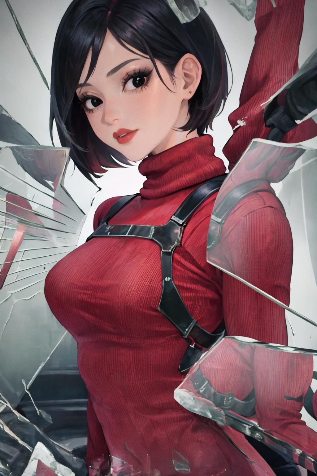 masterpiece, best quality, 1girl, solo, <lora:adawong-re-richy-v1:1> adasweater, red sweater, turtleneck, harness, <lora:BrokenGlass:0.8> IncrsBrknGls, broken glass, reflection, looking at viewer, close-up, black hair, black eyes, lipstick, parted lips, 