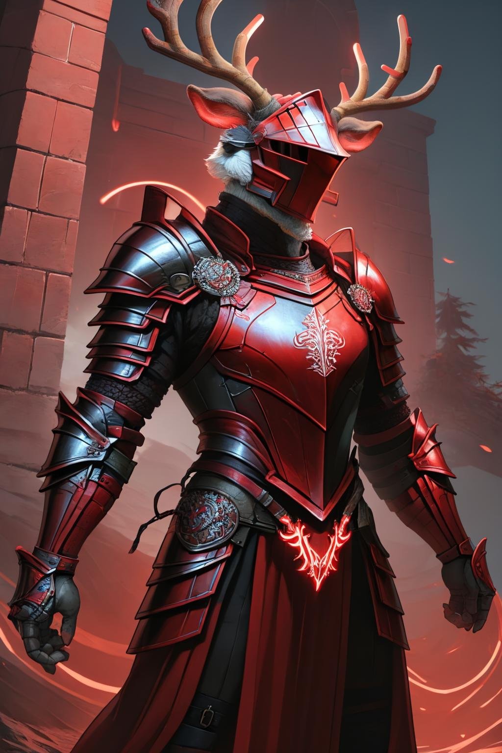 masterpiece, best quality, <lora:redneon-style-richy-v1:1> redneonstyle, glowing, neon trim, red theme, <lora:reindeerknight-oc-richy-v1:0.8> reindeerknight, armor, helmet