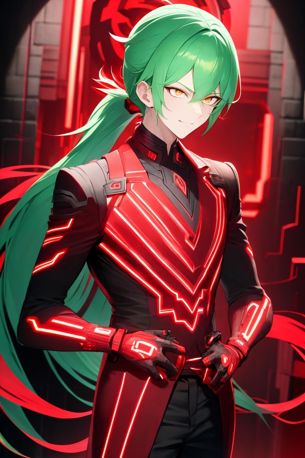 masterpiece, best quality, <lora:redneon-style-richy-v1:1> redneonstyle, glowing, red theme, neon trim, 1boy, male focus, standing, looking away, smirk, green hair, ponytail, very long hair, white eyes