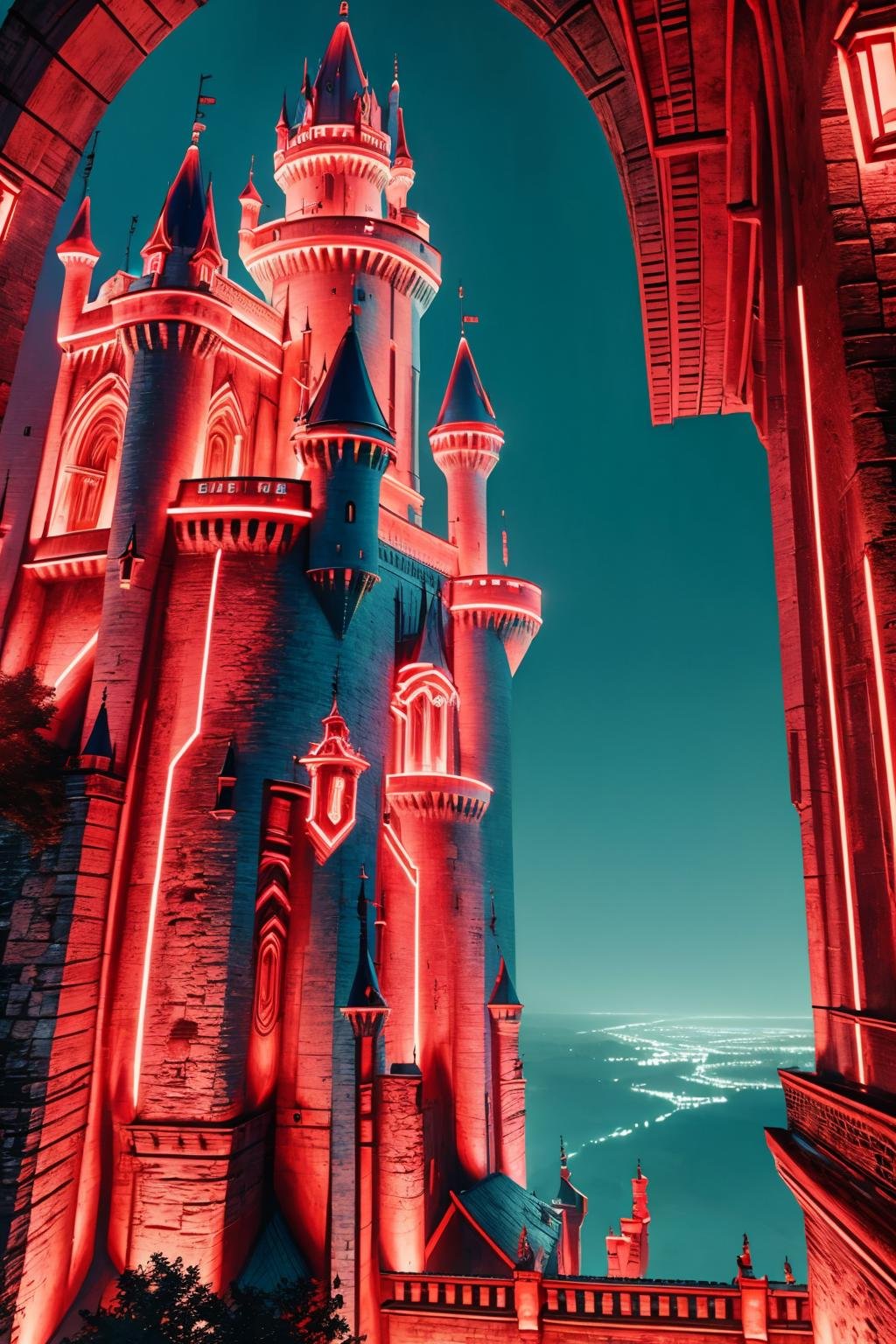 masterpiece, best quality, <lora:redneon-style-richy-v1:1> redneonstyle, glowing, red theme, neon trim, castle, no humans, architecture