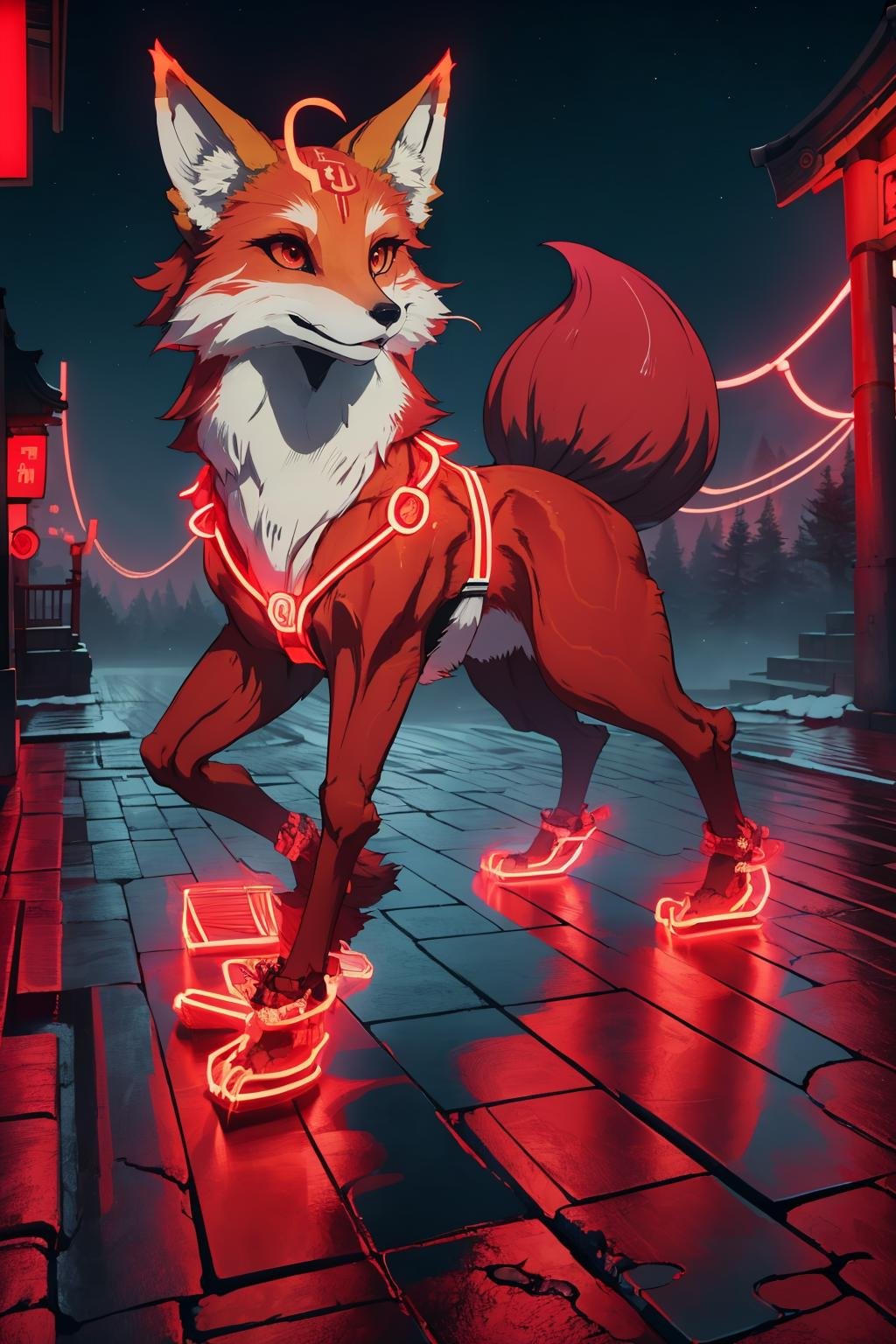 masterpiece, best quality, <lora:redneon-style-richy-v1:1> redneonstyle, glowing, red theme, neon trim, no humans, fox, winter, solo, far shot, wide angle, wide shot, torii, stairs, darkness, dark, night, 