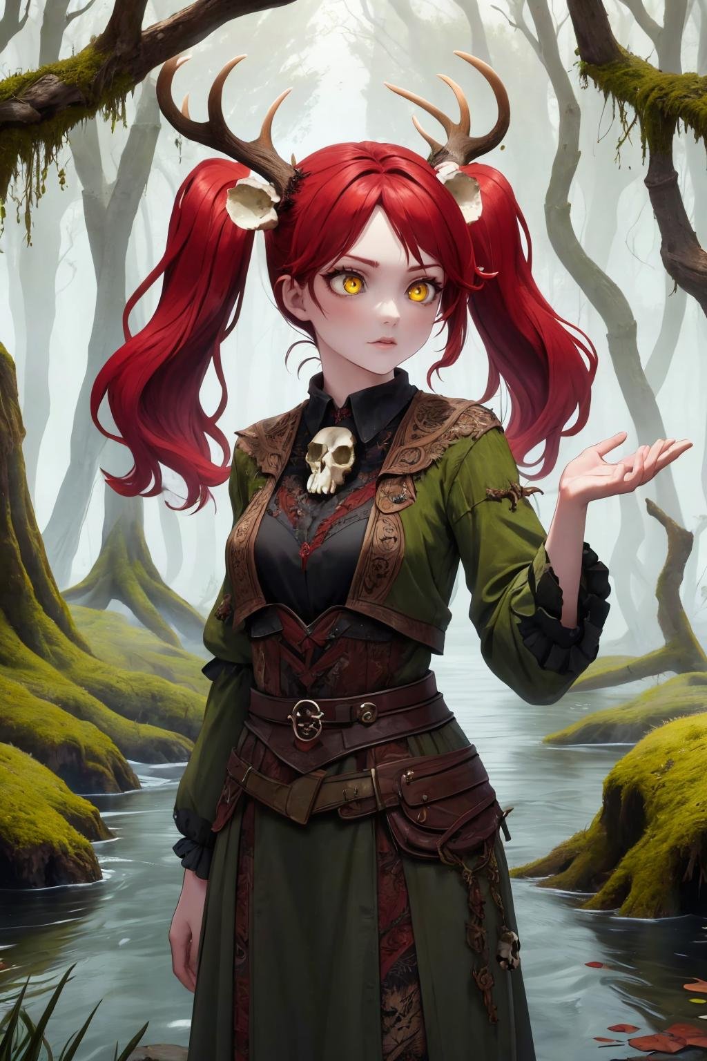 masterpiece, best quality, <lora:paganantler-style-richy-v1:1> antlerstyle, skull, 1girl, solo, standing, red hair, twintails, yellow eyes, outdoors, bare trees, swamp, moss