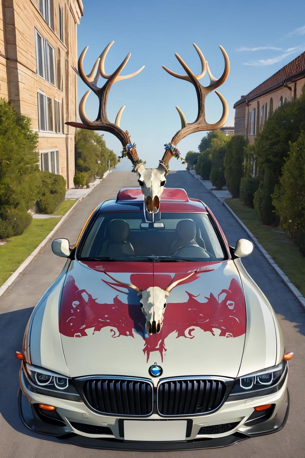 masterpiece, best quality, <lora:paganantler-style-richy-v1:1> antlerstyle, bmw, car, street, hood ornament