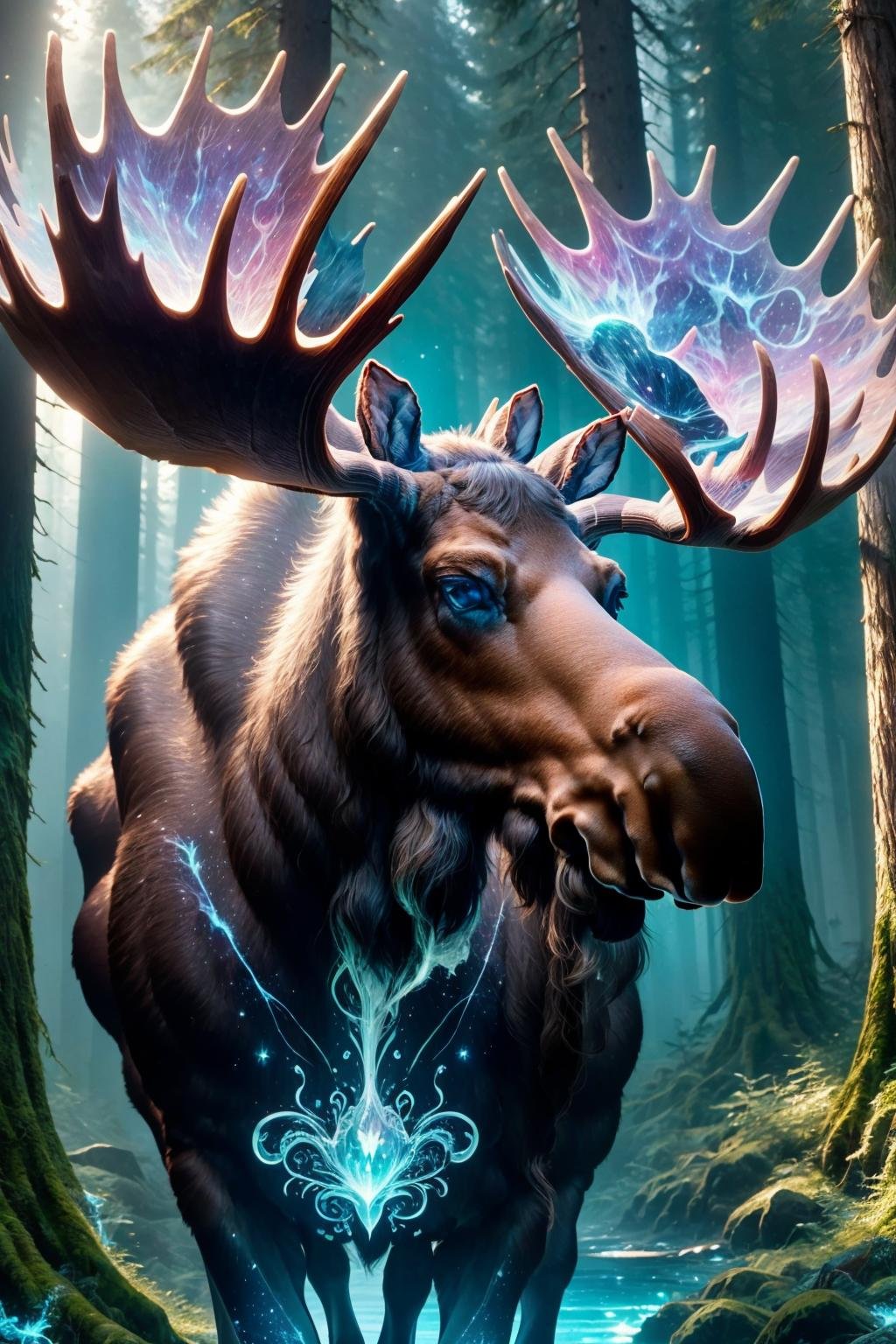 masterpiece, best quality, <lora:mythicalmoose-concept-richy-v1:1> mythicalmoose, blue eyes, nebula, aurora, from side, forest, fantasy, sunlight, beard, mane, blue flame