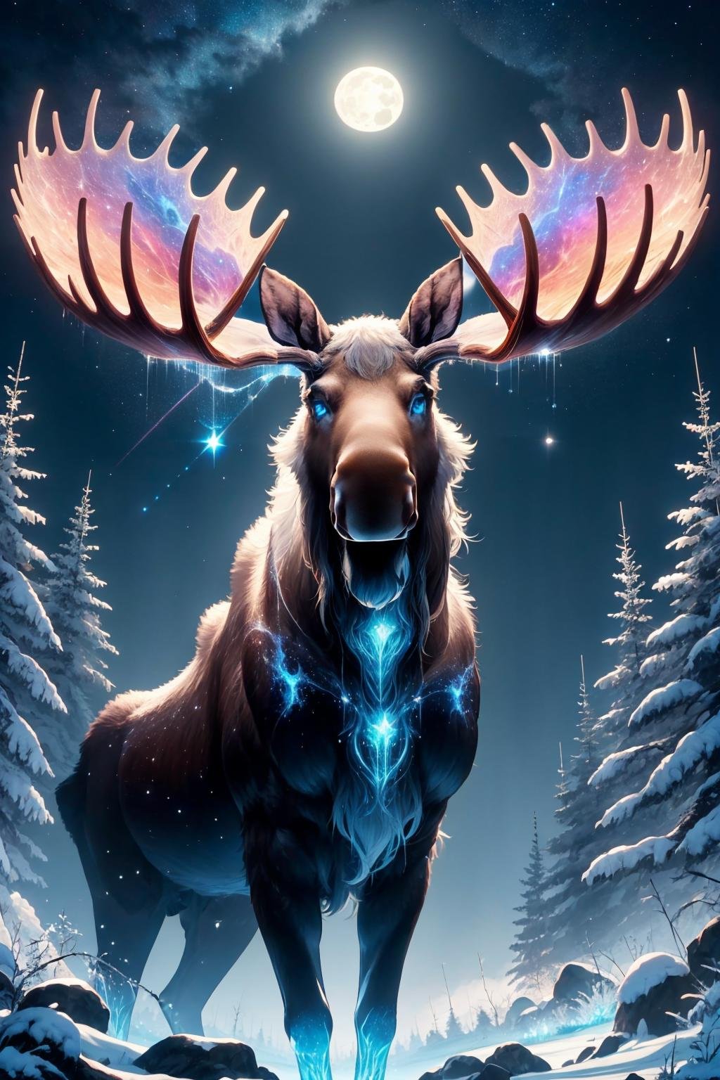 masterpiece, best quality, <lora:mythicalmoose-concept-richy-v1:1> mythicalmoose, darkness, dark, night, night sky, full moon, starry sky, blue eyes, nebula, aurora, 