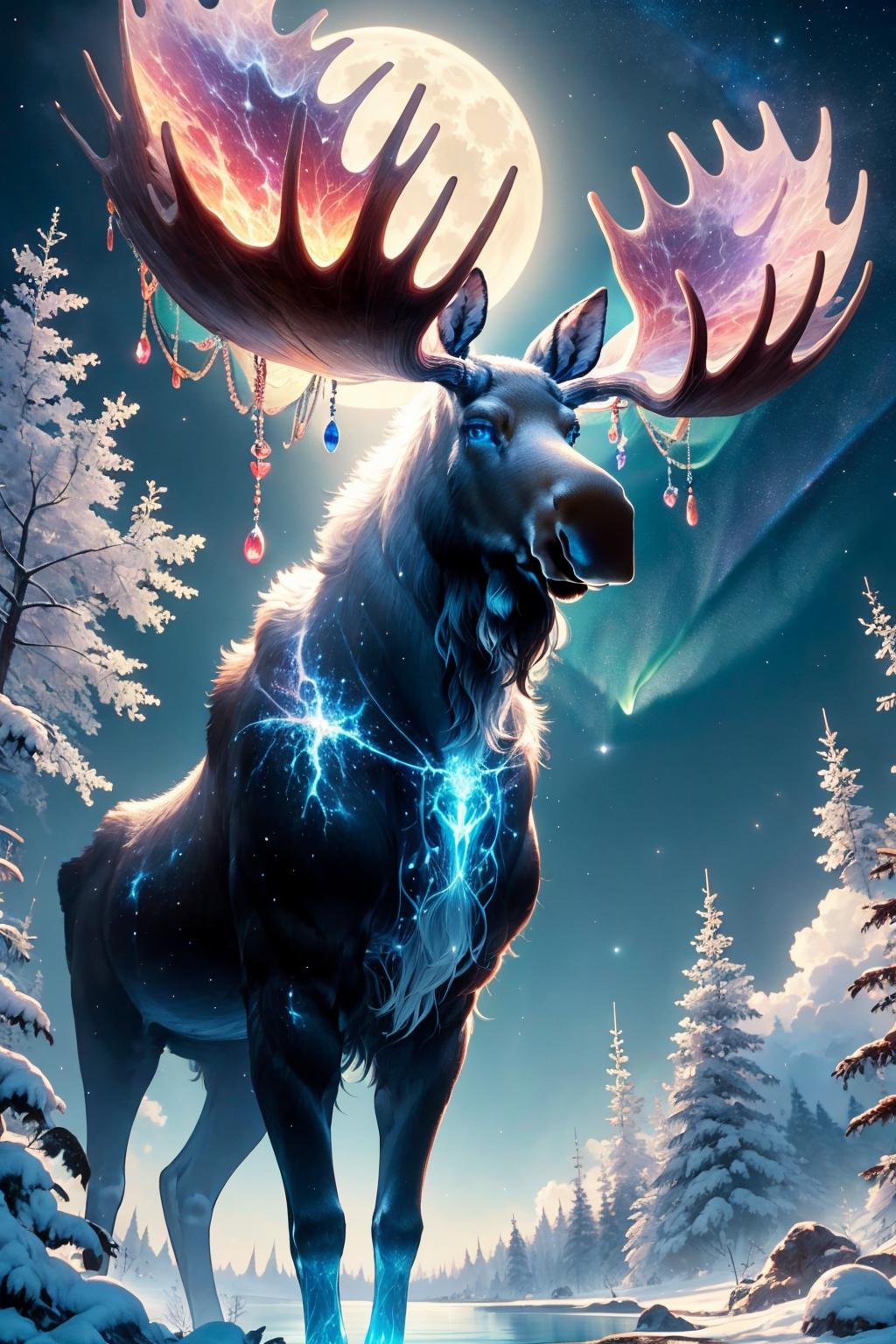 masterpiece, best quality, <lora:mythicalmoose-concept-richy-v1:1> mythicalmoose, darkness, dark, night, night sky, full moon, starry sky, blue eyes, nebula, aurora, 