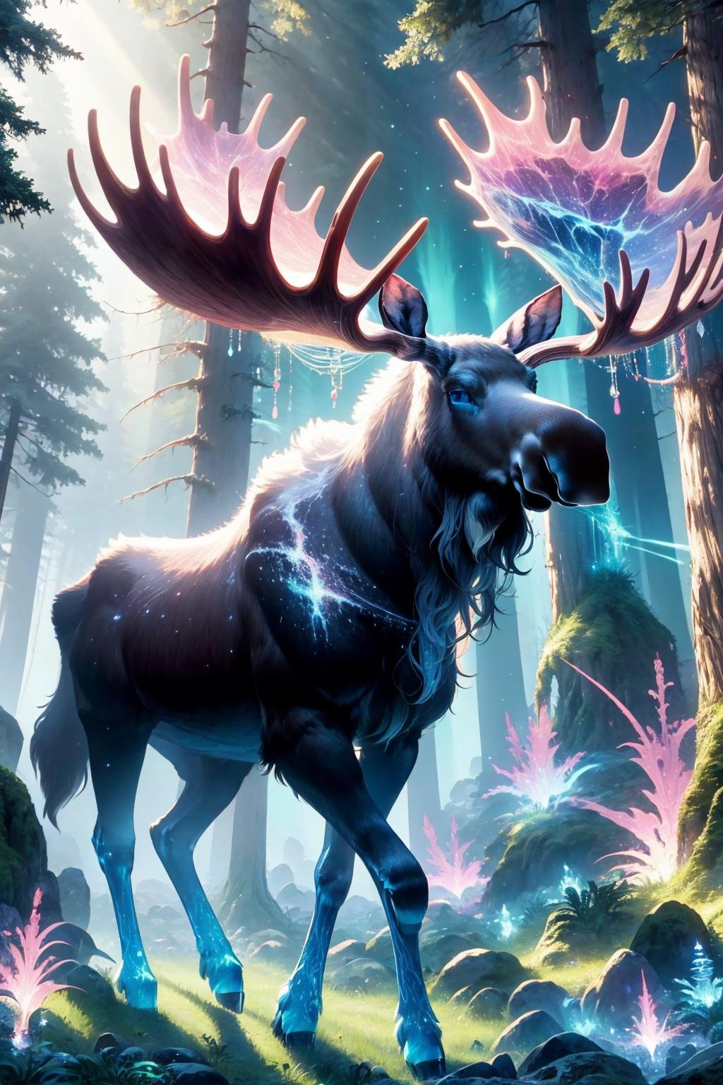 masterpiece, best quality, <lora:mythicalmoose-concept-richy-v1:1> mythicalmoose, blue eyes, nebula, aurora, from side, forest, fantasy, sunlight, 