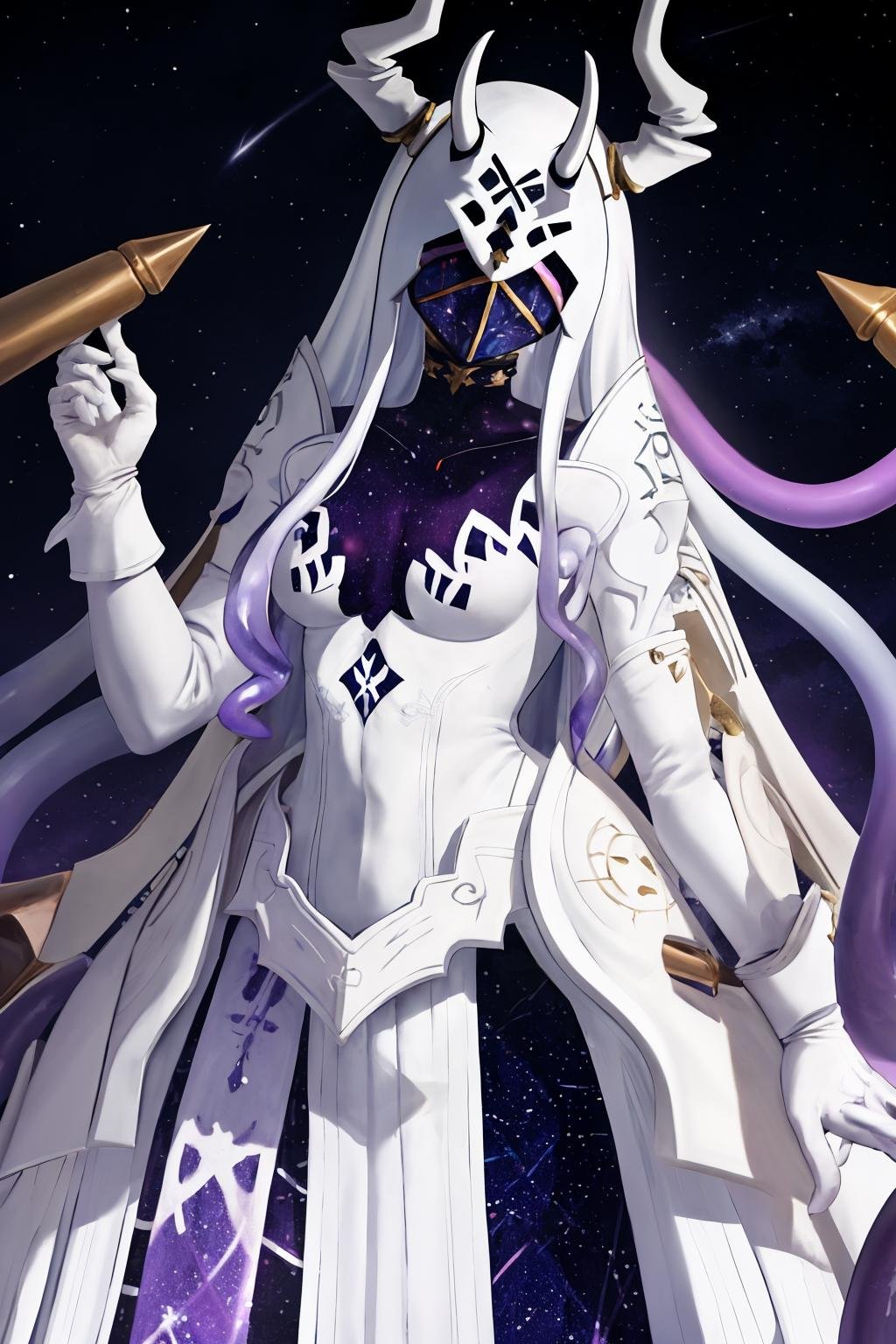 masterpiece, best quality, 1girl, solo, standing, <lora:ginnungagap-fe-richy-v1:1> ginnungagap, horns, colored skin, purple skin, faceless, mask, tentacles, white gloves, black background, starry sky print, long sleeves