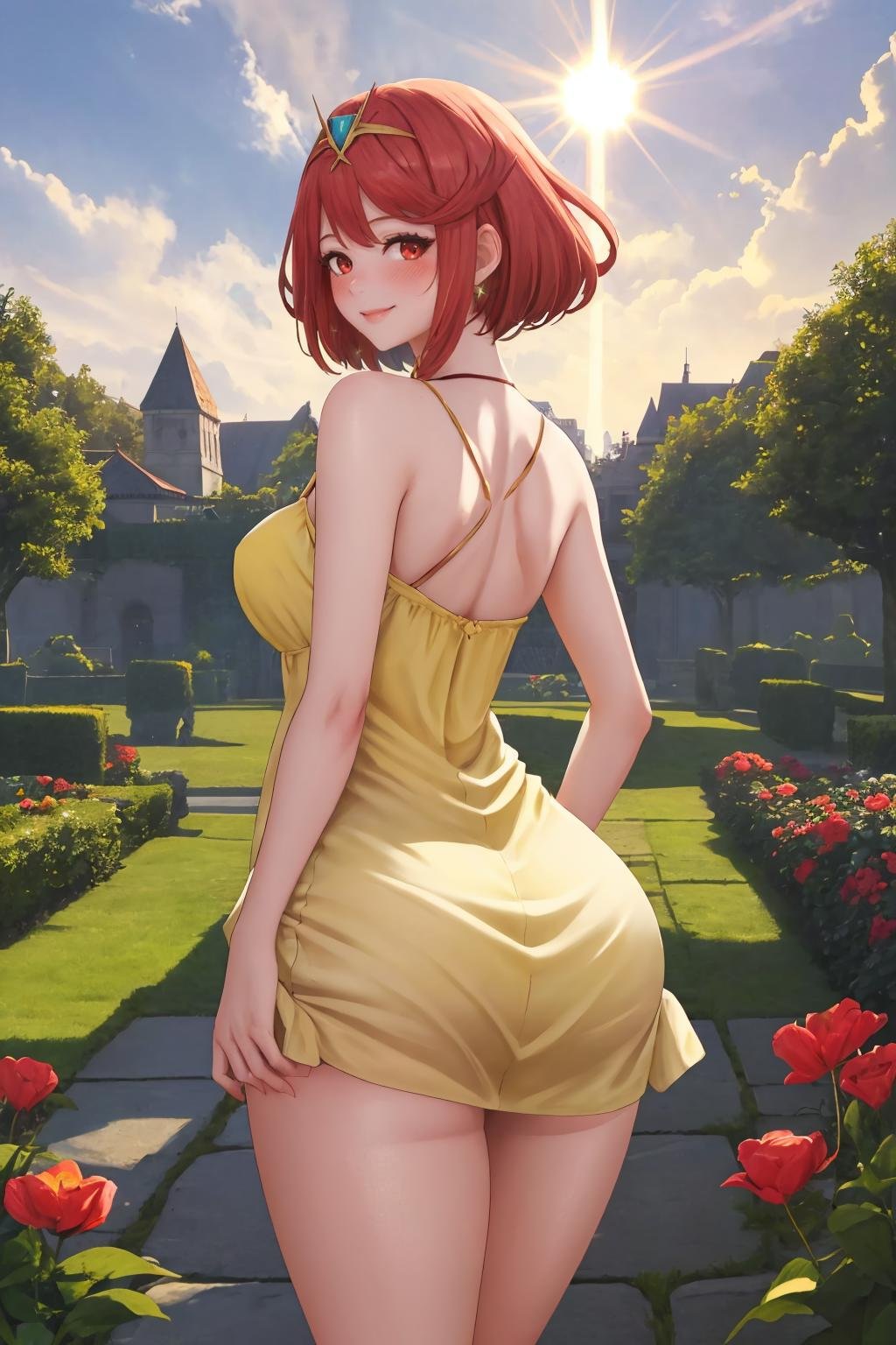 masterpiece, best quality, 1girl, solo, <lora:pyra-xb-richy-v1:1> red eyes, pyrarnd, tiara, earrings, chest jewel, (yellow sundress:1.3), garden, from behind, ass, looking at viewer, smile, blush, thighs, beautiful, fantasy, picturesque, sunbeam, sunlight