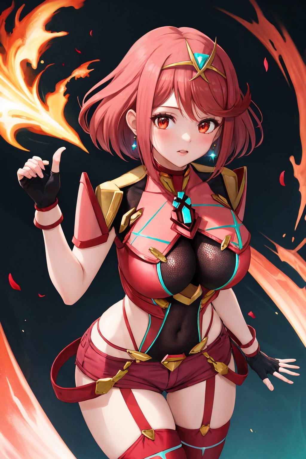 masterpiece, best quality, 1girl, solo, <lora:pyra-xb-richy-v1:1> pyradef, tiara, earrings, chest jewel, impossible clothes, fingerless gloves, red shorts, thighhighs