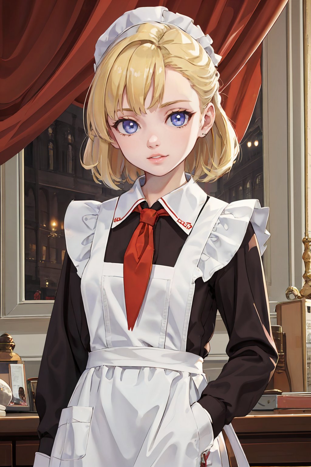 masterpiece,highres,1girl,kid,solo,blonde,cccpuniform,red neckchief,looking at viewer, white apron,(white collar:1.3) ,communism ideology <lora:cccpuniform:0.7> 