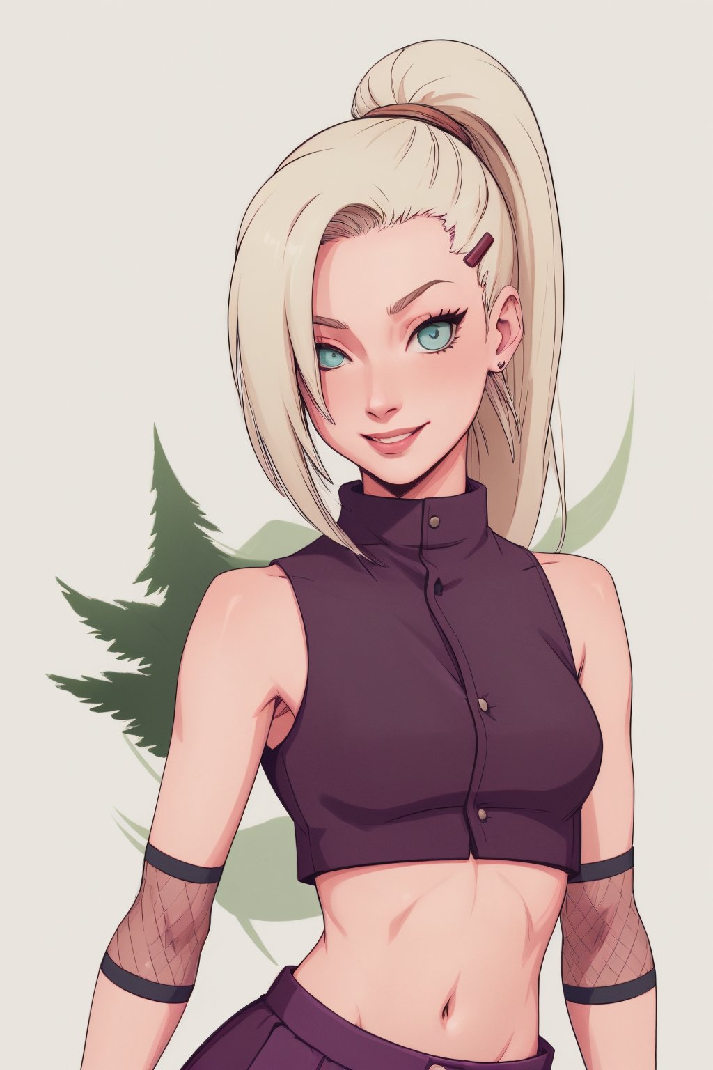 (masterpiece, best quality:1.2), solo, 1girl, yamanaka ino, smile, looking at viewer, hair over one eye, ponytail, hairclip, crop top, sleeveless, skirt, fishnets, earrings, midriff, forest ,yamanaka ino