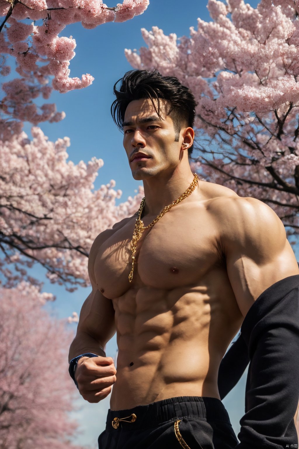 , headgear, The road to school is covered with cherry blossoms, JoJo's Bizarre Adventure, Kujo Jotaro1, ctl, 1man, expose big pectoral muscles,  big gold chain, realistic, masterpiece,  best quality,  highres,  ,  Aircraft,  ,  realism,  photorealistic,<lora:EMS-265841-EMS:0.800000>