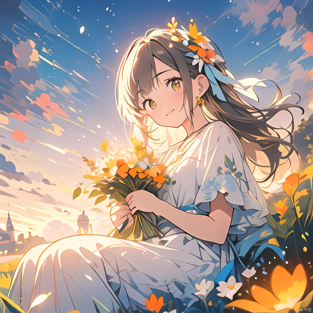 1girl, solo, dress, jewelry, outdoors, hair ornament, long hair, looking at viewer, earrings, sitting, hair flower, holding, blue dress, smile, sky, blush, ribbon, bangs, holding flower, hair ribbon, brown hair, short sleeves, closed mouth, blue ribbon, necklace, sunset, cloud, grass, field, petals, yellow eyes, orange flower, yellow flower