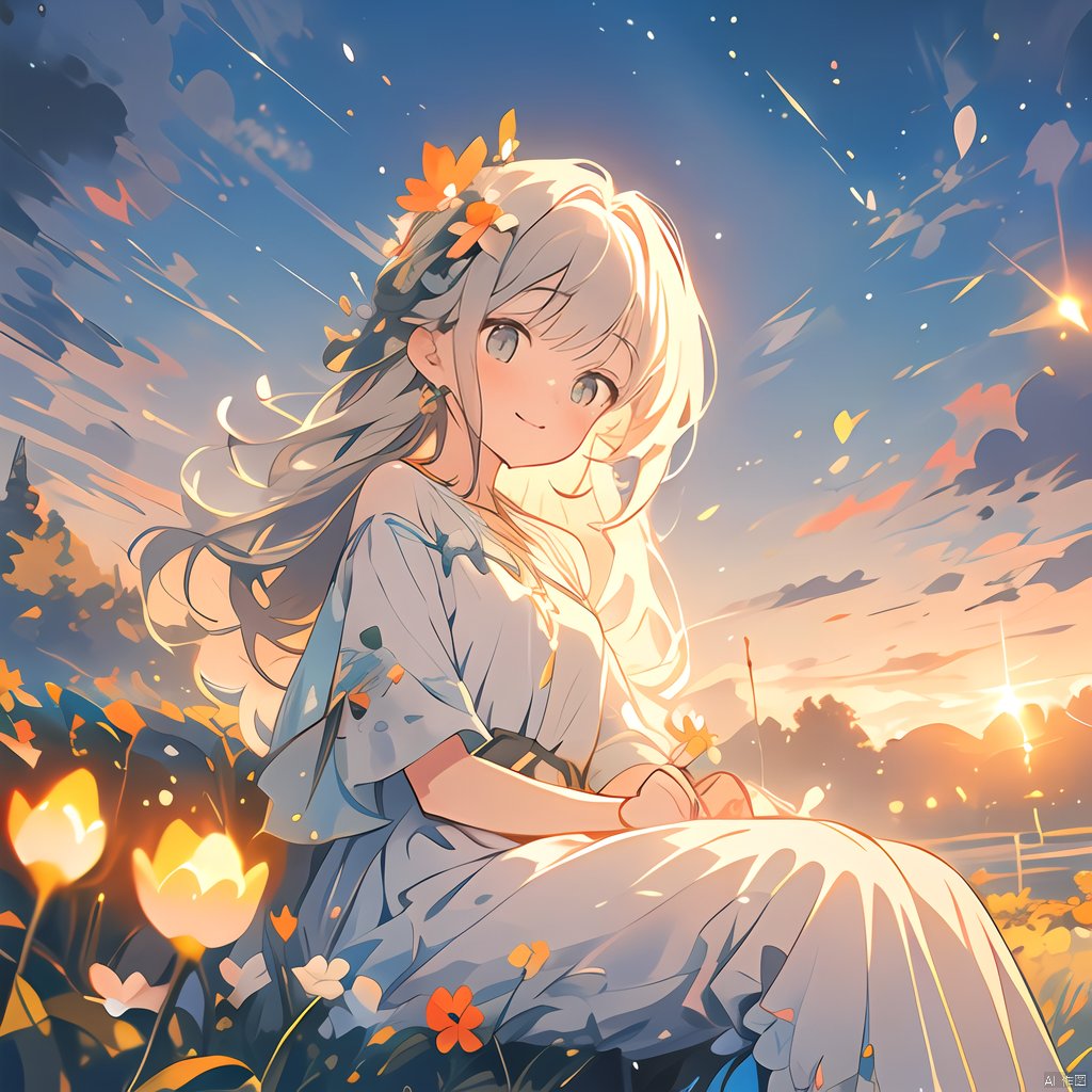 1girl, solo, dress, sitting, long hair, outdoors, earrings, jewelry, looking at viewer, field, sunset, sky, white dress, bangs, cloud, flower field, yellow flower, hair ornament, evening, closed mouth, smile, short sleeves, hair flower, grey hair