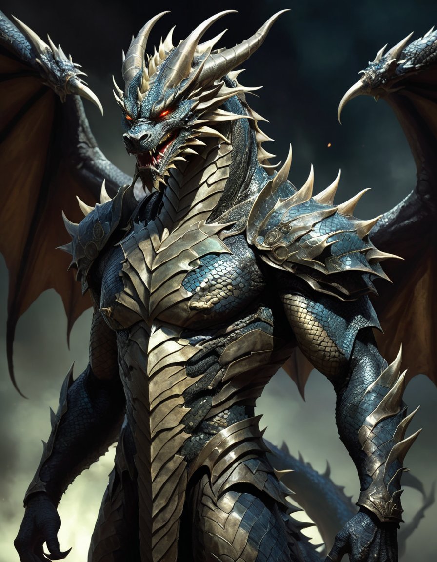 Positive prompt:A legendary human dragon hybrid,  bearing the face of a man yet covered in shimmering dragon scale skin. H...