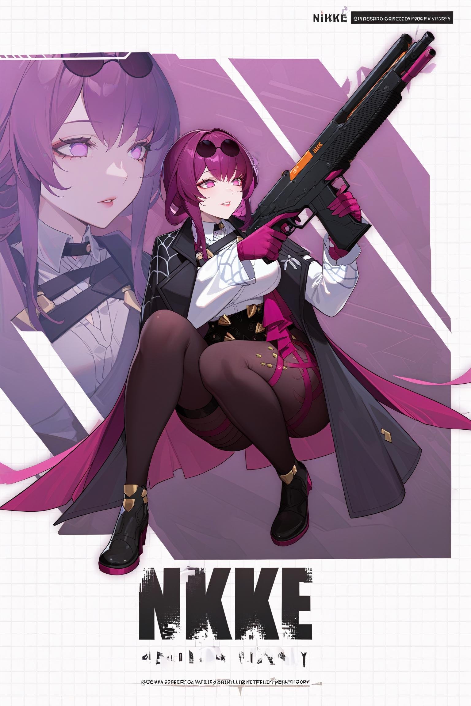 1girl, IncrsNikkeProfile, <lora:NikkeProfileXL:1>, full body, zoom layer, holding weapon, holding gun, one knee, <lora:KafkaXLV3:1>, kafkaxl, purple eyes, eyewear on head, 