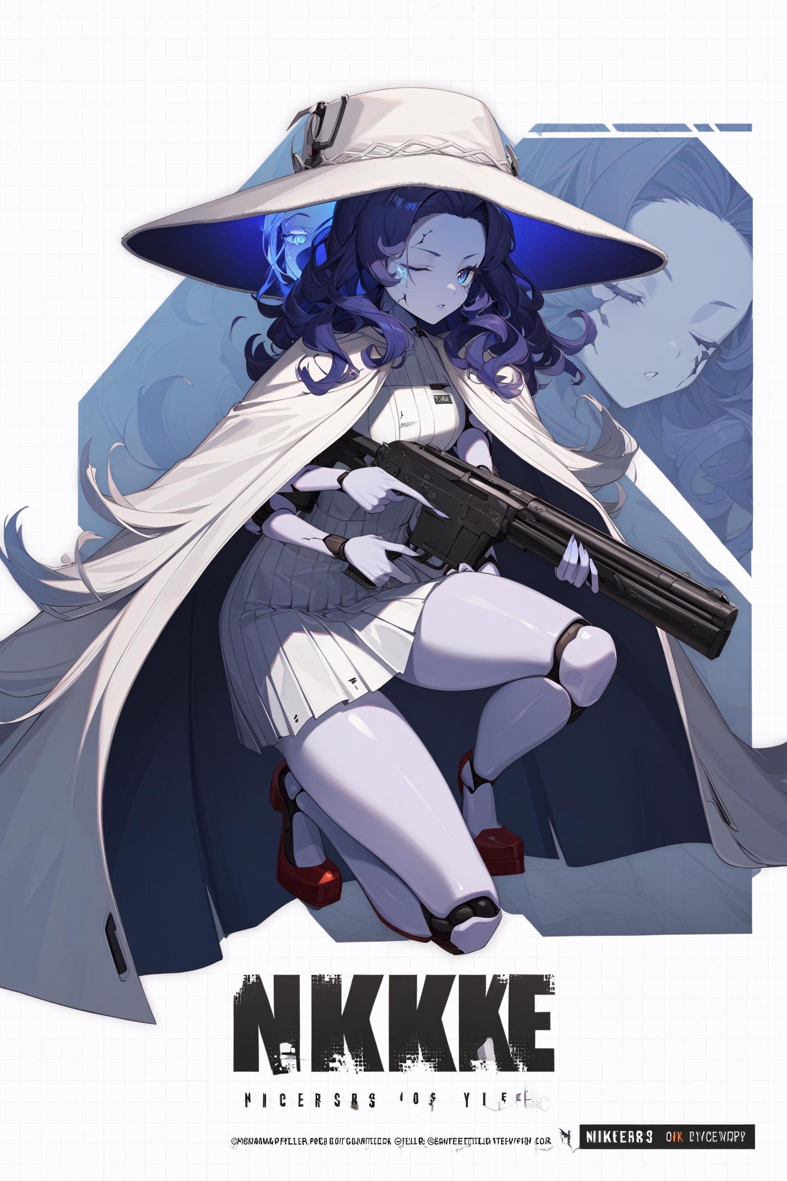 1girl, IncrsNikkeProfile, <lora:NikkeProfileXL:0.85>, full body, zoom layer, holding weapon, holding gun, one knee, IncrsXLRanni, wavy hair, cracked skin, blue skin, colored skin, extra arms, extra faces, doll joints, white dress, hat, cloak, <lora:RanniXLV2:1>, one eye closed, 