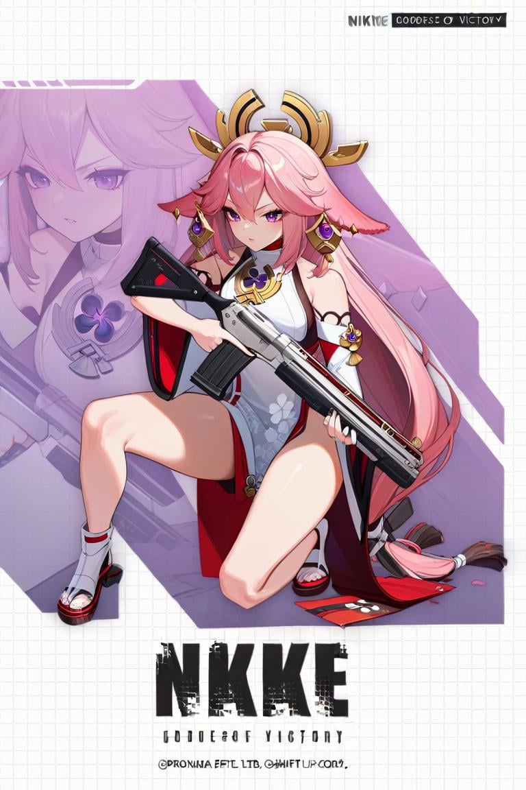 1girl, IncrsNikkeProfile, <lora:NikkeProfileXL:1>, full body, zoom layer, holding weapon, holding gun, one knee, yae miko, 