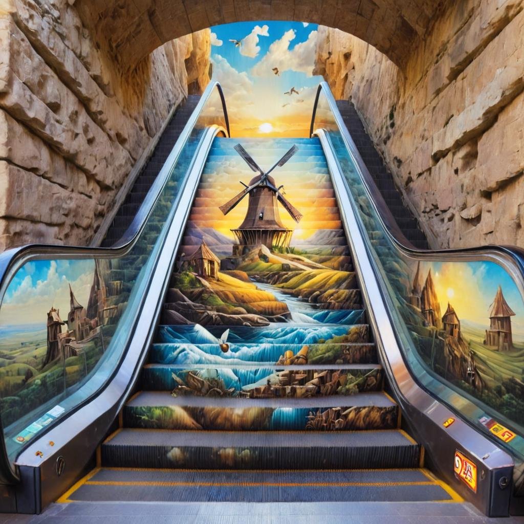 escalator,  fantasy landscape,  a windmill on Tensor.Art