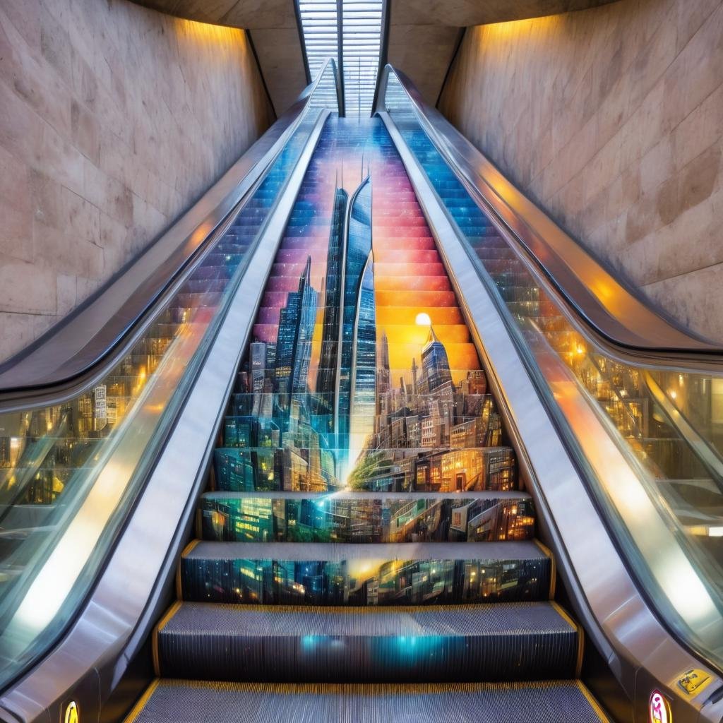 escalator,  a bustling cityscape,  teeming with life on Tensor.Art