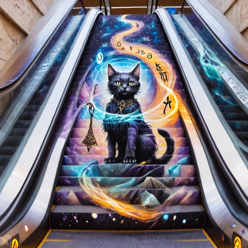 escalator-art of mystical Kitten wizard with swirling runes on Tensor.Art