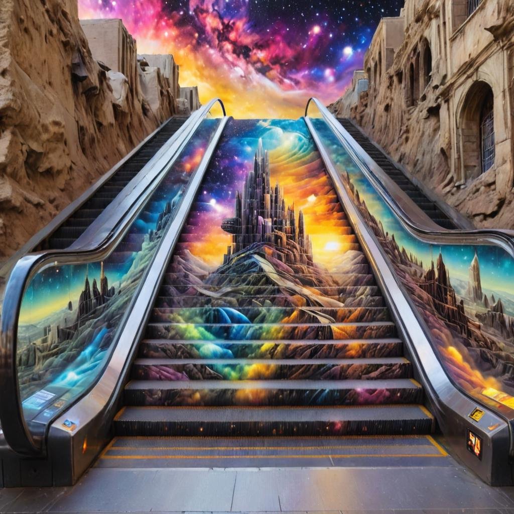 escalator,  fantasy landscape,  gel by nocor1i8 on Tensor.Art