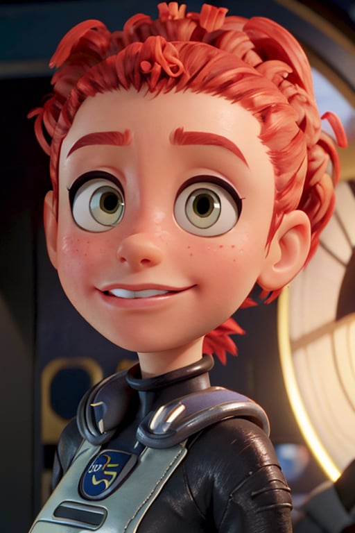 Tulip From Storks,bushy ponytail, portrait, 3d, catoon, pixar,happy expression, soft smile, closed mouth, close up, adult, spy suit, 