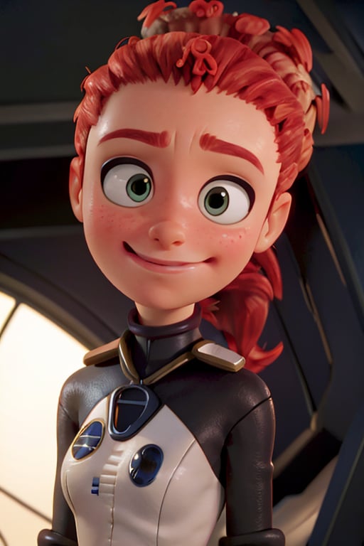 Tulip From Storks,bushy ponytail, portrait, 3d, catoon, pixar,happy expression, soft smile, closed mouth, close up, adult, spy suit, 