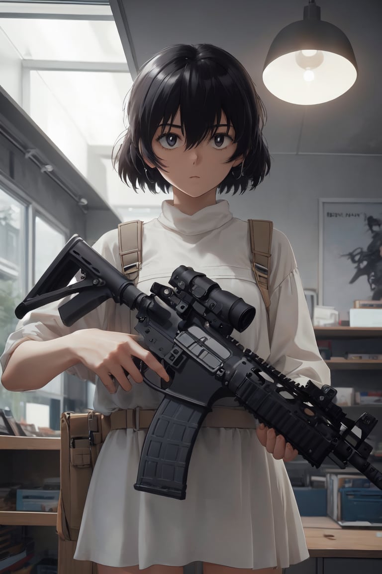 1girl,night, melancholic,Holding an assault rifle ,Assault rifle, perfect hands, perfect fingers,urabewz