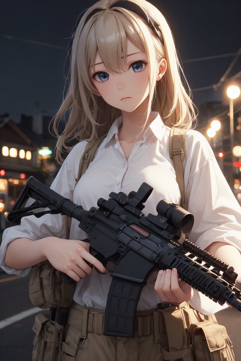 1girl,night, melancholic,Holding an assault rifle ,Assault rifle, perfect hands, perfect fingers,ai hayasaka